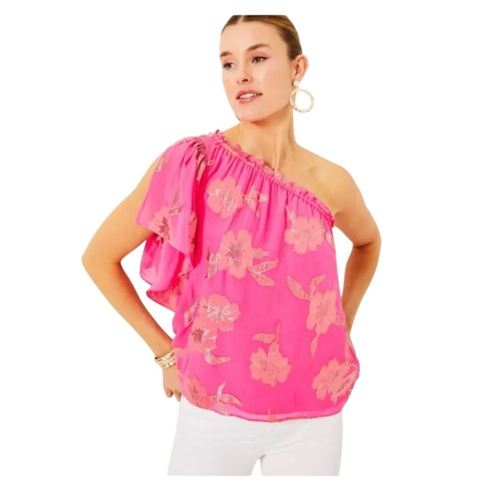 NWT Lilly Pulitzer Sarahleigh Silk Blend One Shoulder Top Pink Gold S Relaxed